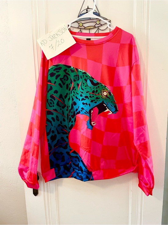 Dressed in LALA Tops - Bright Pink And Orange Checkerboard Sweatshirt with Teal Leopard Graphic